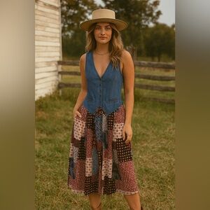 Vintage Blue Denim Patchwork Sleeveless Button Front Midi Dress Size 13/14